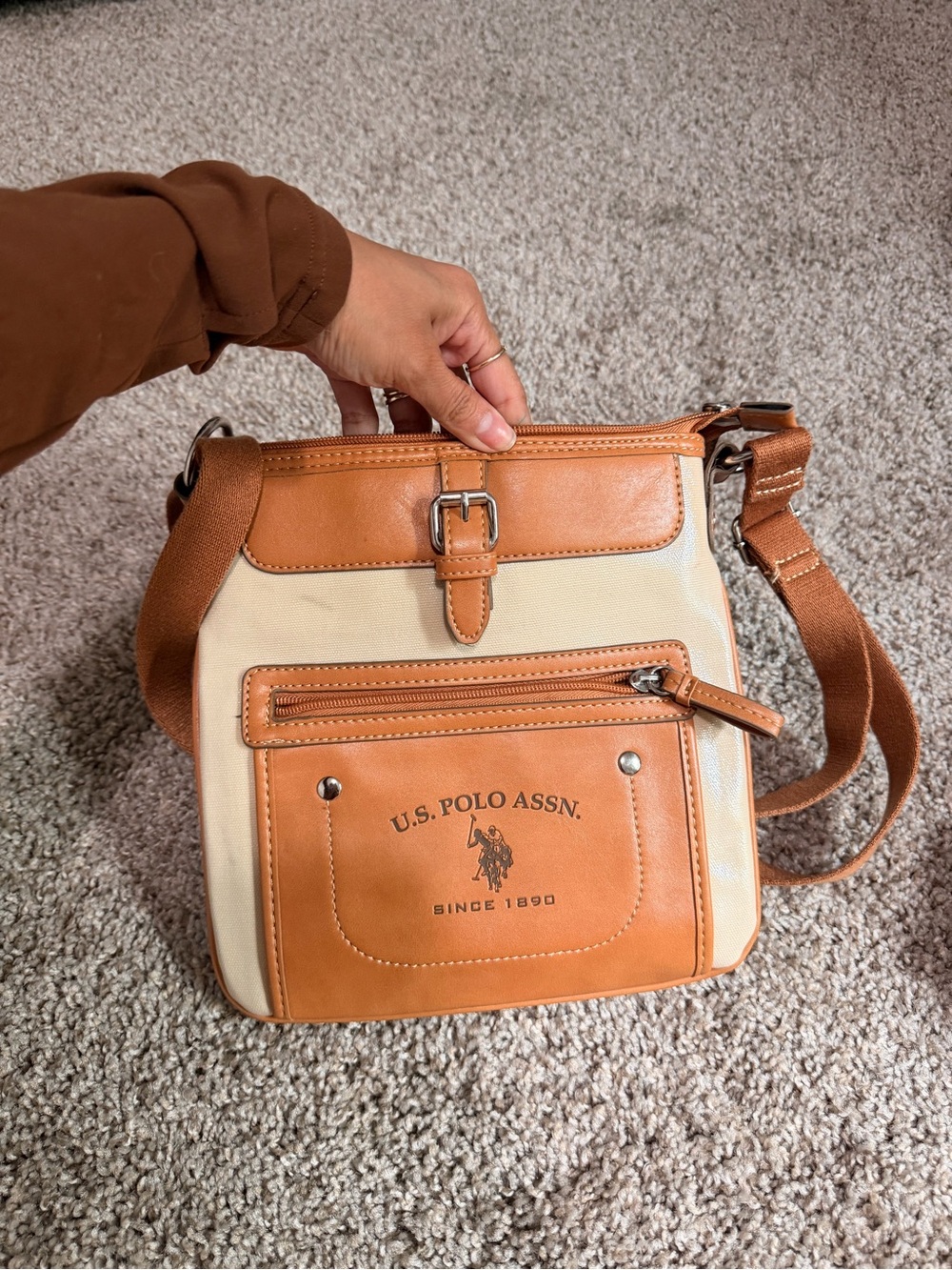 U.S. Polo Assn. Tan and Cream Leather-Trim Messenger Bag
